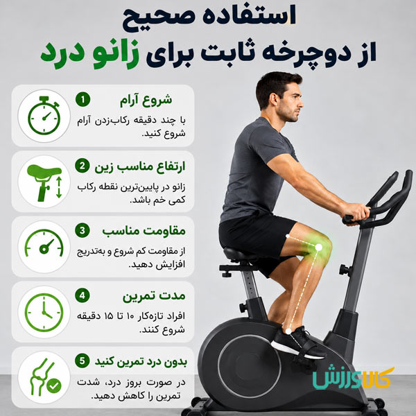 استفاده صحیح از دوچرخه ثابت برای زانو درد با تنظیم مناسب زین